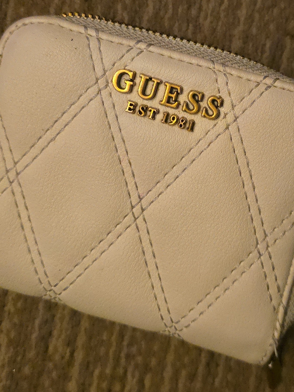 GUESS Cream Quilted Zip-Around Wallet with Gold Logo